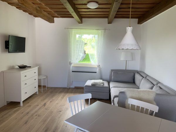 Apartment Rebstock Wohnbereich - Gemütlicher Wohnraum mit rustikaler Einrichtung und modernen Annehmlichkeiten